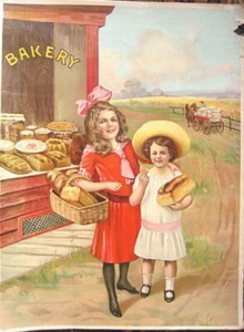 1910 Colorful Lithograph Poster BAKERY Adv.-Cute Girls w/Bread 15 x 20 Original - Picture 1 of 3