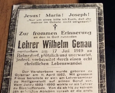 Wilhelm Genau 1862 Geismar - 1919 Helmsdorf - Lehrer Bischofferode / Totenzettel - Bild 1 von 2