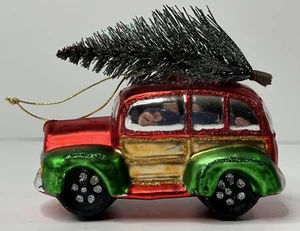 Blown Glass Christmas Ornaments - Car Carrying Christmas Tree - Picture 1 of 5