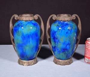 Vintage Art Deco Paul Milet Sèvres Vases/Urns Blue Drip Glaze w/Bronze Ormolu - Imagen 1 de 17