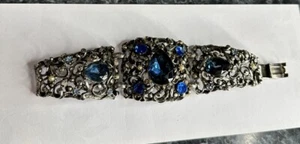 Vintage Antique Selro Selini Blue Rhinestone Faux Pearl Cuff Bracelet Huge - Picture 1 of 16
