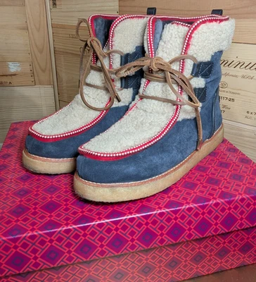 IMPRESIONANTE! Botas Tory Burch Elliot TALLA 9 ¡USADAS UNA VEZ! CAJA RARA de gamuza de oveja azul marino Foto 1 de 4
