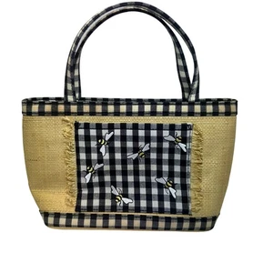 Etienne Aigner Handtasche Vintage schwarz/weiß kariert bestickt Hummel Bast. - Bild 1 von 10