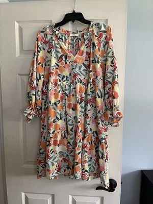 Vestido Entro Anthropologie Boho Floral Manga Larga Forrado en Niveles Verde Naranja L Foto 1 de 4