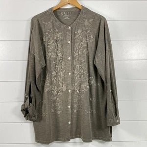 Caite Shirt Damen groß bestickt Knopfleiste Rollriegelärmel Boho Oberteil Indien - Bild 1 von 11