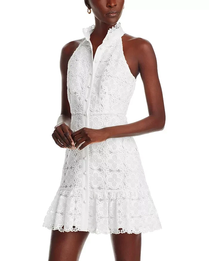Aqua Womens Mini Dress White Size S Lace Shirt Dress High Neck Button Front