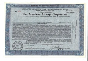 DELAWARE 1945 Pan American Airways Corp Warrant Stock Certificate ABN Pan Am - Picture 1 of 2