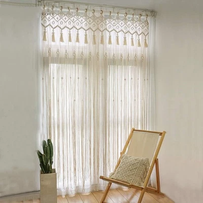 Handmade Cotton Macrame Curtain - Boho Woven Wall Hanging, Light-Filtering De... - Image 1 of 4