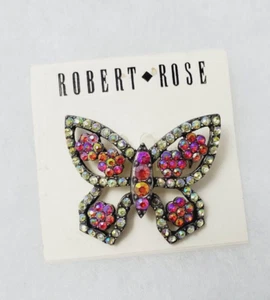 ROBERT ROSE SHADES OF GREEN & Red RHINESTONE BUTTERFLY Silver TONE BROOCH PIN - Picture 1 of 2