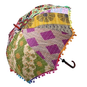 Vintage Sun Shade Umbrella Indian Antique Hand Embroidered Parasol pom pom Art - Picture 1 of 5
