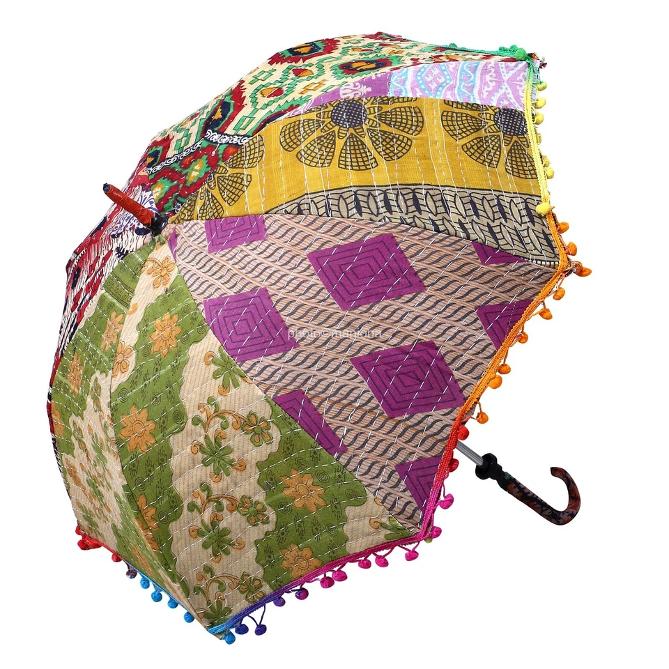 Guarda-sol vintage indiano antigo bordado à mão guarda-sol pom pom arte - Imagem 1 de 4