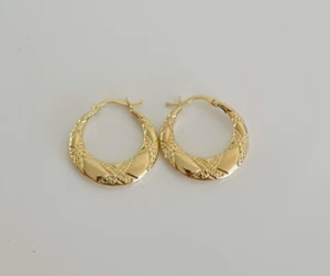 14k Solid Gold Oval Hoops, Textured Earrings, Minimalist, Real 585 Yellow Gold - Picture 1 of 6