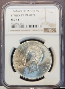1943 ECUADOR SILVER 5 SUCRES ANTONIO JOSE DE SUCRE NGC MS 63 BRIGHT LUSTER - Picture 1 of 3