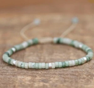 Green Jade Minimalist Bracelet 4mm Tiny Tube Birthstone Bracelet Birthday Gift - Picture 1 of 8