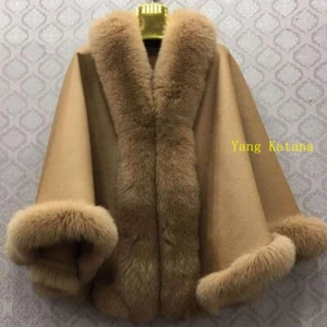 Beautiful Wool Cardigan Shawl with Real Fox Fur Trim Cape Cape Women's Fur Wrap - Picture 1 of 22