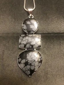 Large Triple Stone Snowflake Obsidian Gemstone Pendant On Silver Snake Chain - Picture 1 of 8