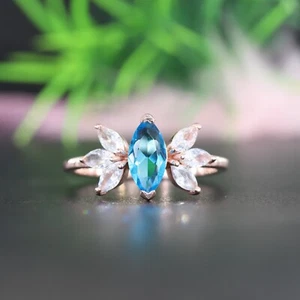 925 Sterling Silver 6x3 mm Marquise Natural Aquamarine Ring Rose Gold Plated - Picture 1 of 7