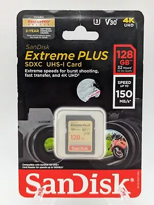 SanDisk Extreme PLUS SDXC UHS-1 Card 128GB SD Memory Card Speed Up To 150MB 4K - Image 1 of 4