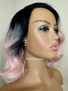 12 Inch Pink Wig Wavy Side Part Short Ombre Black - Picture 1 of 15