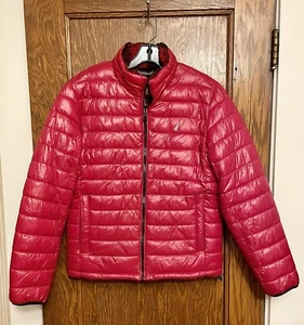 Nautica Shiny Red Puffer Jacket With Buffalo Plaid Sherpa Lining Fits Like S/M - Picture 1 of 9