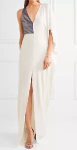HALSTON HERITAGE Lame Panel Stretch Crepe Gown Asymmetric Silver Bodice 14 YJ01 - Picture 1 of 10