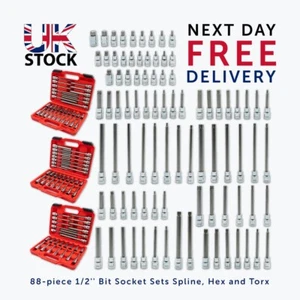 88pc 1/2" Spline Hex Torx Bit Set M5-M16 H5-H19mm T20-T70 Long/Short Socket Kit - Picture 1 of 15