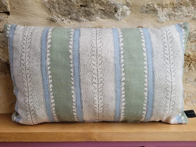 Linwood Dimity Stripe Fabric Linen Green & Eucalyptus Velvet Cushion Cover Obong - Image 1 of 4