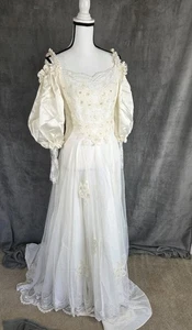 Union Made 1970s Wedding Dress Labyrinth Style Off Shoulder *Flaws - Picture 1 of 17