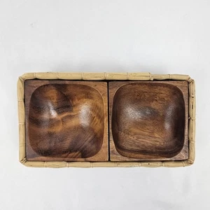 MCM Snack Servier Set Halter Rattan Korb Holz Schalen 70er Boho Vintage  - Bild 1 von 10