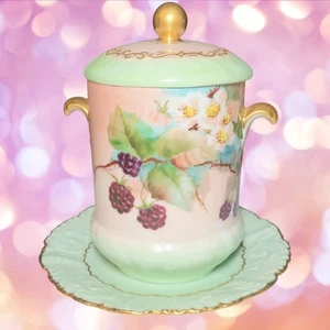 Antiguo soporte de leche condensada pintado a mano T&V victoriano de 3 piezas con tapa y placa base - Imagen 1 de 19