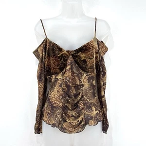 Express Top Womens L Brown Floral Y2K Babydoll Forest Fairy Grunge Cold Shoulder - Picture 1 of 12