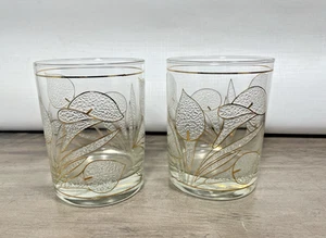 De Colección Culver Vidrio Flor de Hielo Cala Lily 22k Dbl Highball Antiguo Set 2 MCM - Imagen 1 de 7