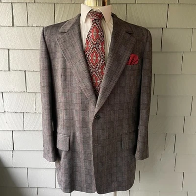70s Vintage Michaels/Stern Gray & Red Plaid Mens Poly Jacket Big & Tall Size 52 - Image 1 of 4