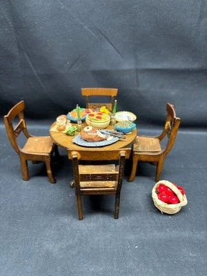 Miniature 1:12 Furniture Dollhouse Wooden ~ Kitchen Table & Chairs w/Accessories - Image 1 of 4