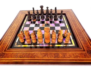 FINE 20s Hand Turned Chess Pieces Burled Wood Chess Board Blue Morpho Butterfly - Picture 1 of 24