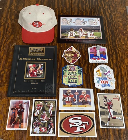 SAN FRANCISCO 49ERS NFL RETRO HAT, BOOK, MINI POSTER, & SUPER BOWL PATCH LOT! Cover