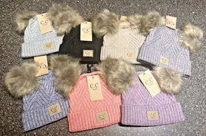 C.C Baby Large Patch Heathered Double Pom Beanie - BABY2060 - Picture 1 of 8