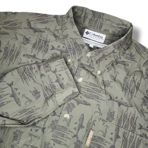 Camisa De Colección Columbia Para Hombres L Verde Estampado de Peces Bajo Bolsillo Con Botones - Imagen 1 de 4