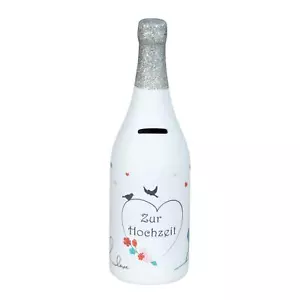 Spardose Flasche Zur Hochzeit Weiß Silber mit Aufdruck Geldgeschenk 31 cm hoch - Bild 1 von 2