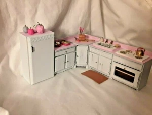 Miniature Dollhouse Furniture lot Kitchen Sink Stove Frig Food  1:12 pink white  - Picture 1 of 12