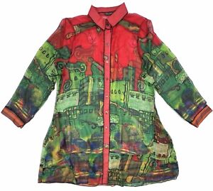 DOR DOR COUTURE Art to Wear Old Town Scene Sheer Button Tunic Blouse L Pockets