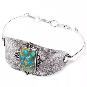 Throat Chakra Chrysocolla Stone 925 Silver Wedding Artisan Daughter Bangle Cuff - Picture 1 of 7