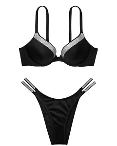 Victoria’s Secret Swim Shine-Trim Push-Up Double Strap Brazilian Set Black - Picture 1 of 8