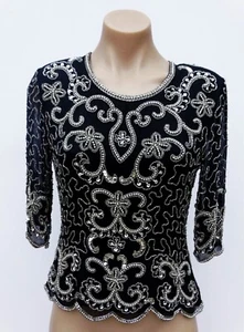 VINTAGE 80s Black 100% Silk Sheer Silver Beaded Sequin Evening Top XS! Flapper - Picture 1 of 9