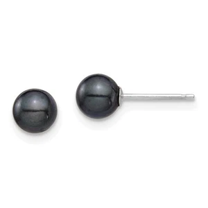 14k White Gold 5-6mm Black Round Akoya Saltwater Cultured Pearl Stud Earrings - Picture 1 of 4