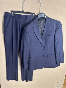 JOS A BANK 40S Dark Blue Plaid 2 Piece SUIT 34x32 2 Button 100% Wool Flat Front - Picture 1 of 19