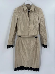 Rena Lange Y2K Rock Set Damen 6 beige schwarz Vintage Spitzenborte Seide Satin 3-teilig - Bild 1 von 24
