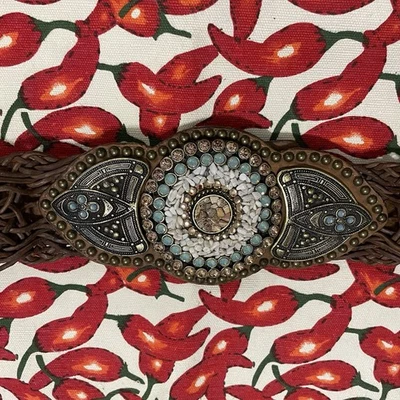 Cinturón Cuero Vaca Leatherock Turquesa Blanco Astillas Trenzado 42"L Talla M34 Foto 1 de 4