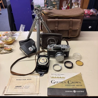 Telémetro de 35 mm Petri F1.9 década de 1950 corregido por color súper bolsa de cámara lente flash + Foto 1 de 4