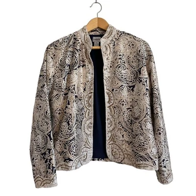 Blazer Chico's bordado con cuentas bronceado negro seda abierto ligero forrado 1 US M Foto 1 de 4